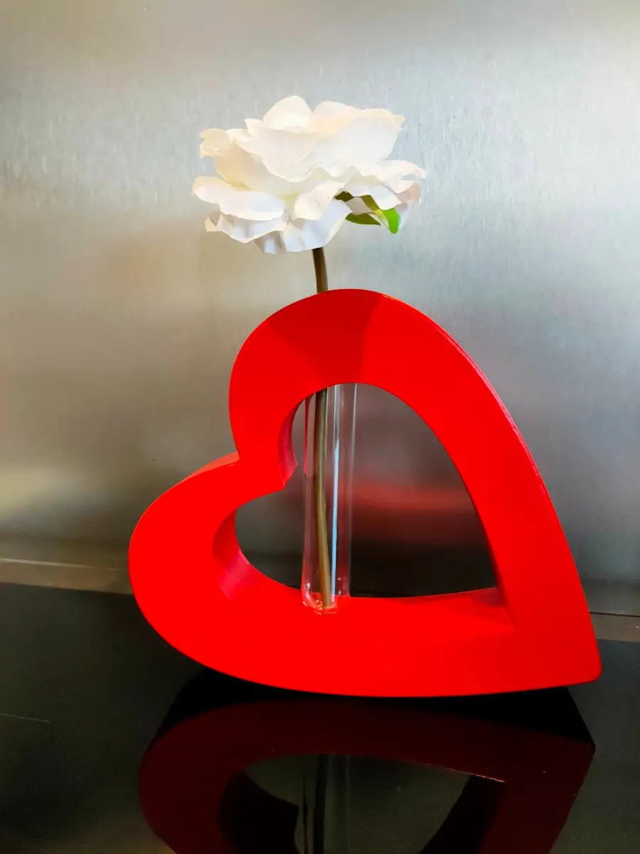 Vase imprimé en 3D en forme de coeur avec éprouvette